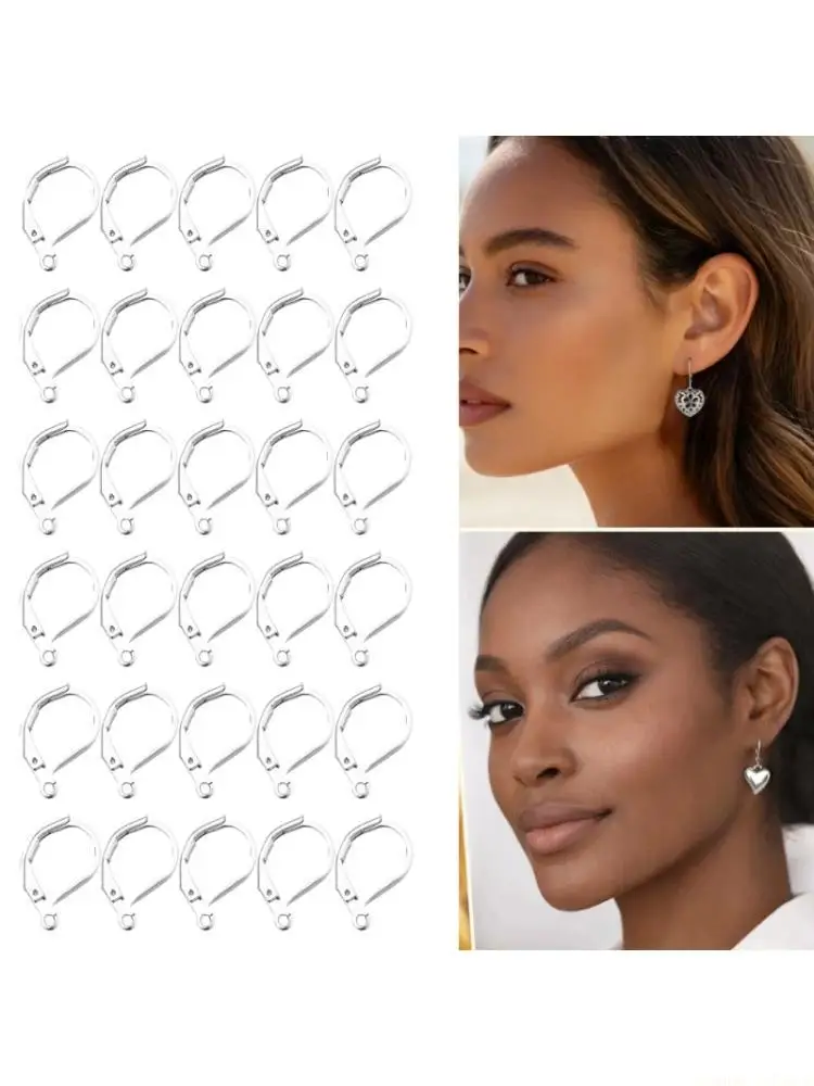 31BF Replacement Leverback Ear Hooks for Jewelry Making, 60 Piece Metal Set with Bottom Loop for Drops and Earring Repair