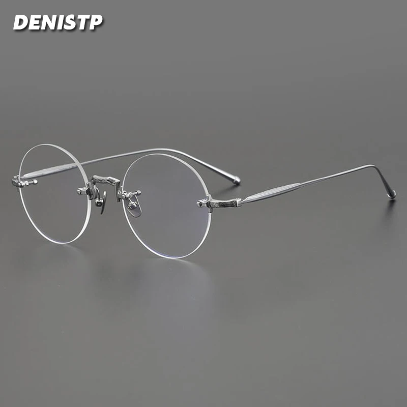 Vintage Pure Titanium Glasses Frame Men Round Rimless Prescription Myopia Eyeglasses Frame Women Frameless Luxury Brand Eyewear