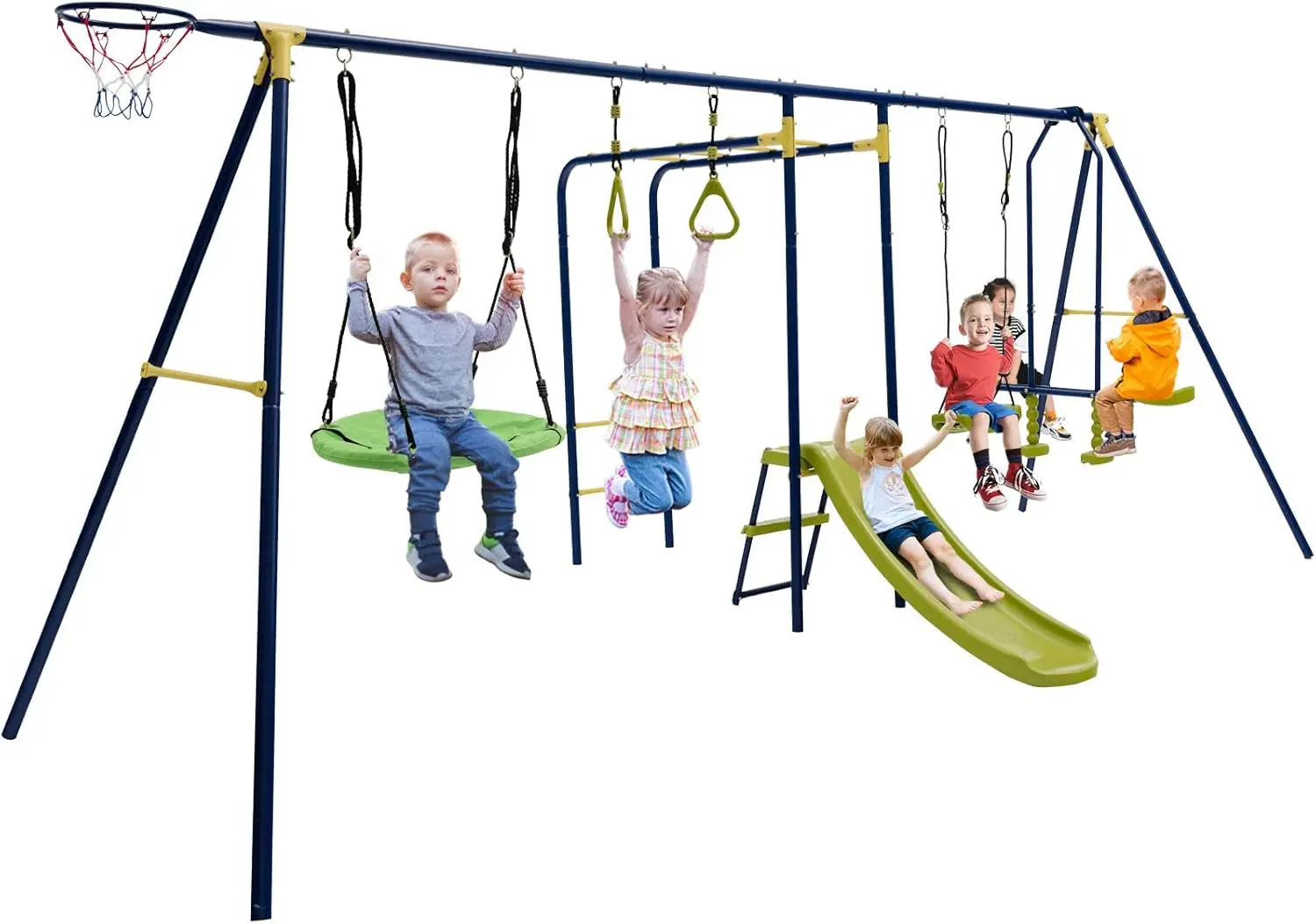 GLACER 7-in-1 Kids Swing Set w/ 2 Swings, Slide, Fun Glider, Gym Rings, Monkey Bars, Basketball Hoop, 660 LBS Swing Set for Kids