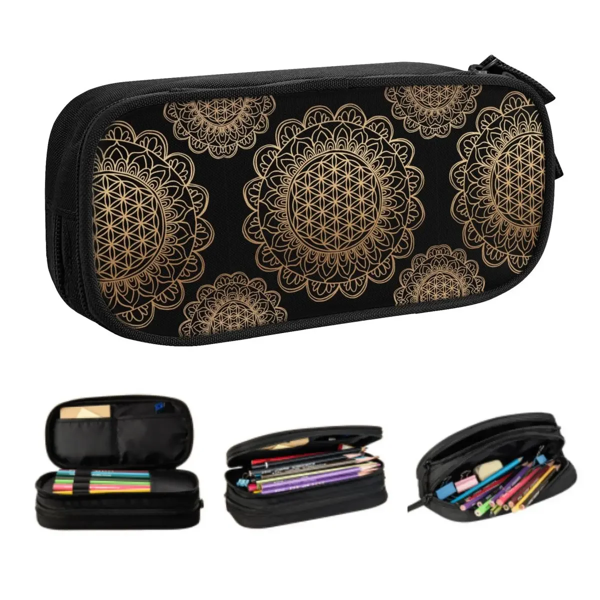 

Customized Cute Flower Of Life Mandala Black Gold Pencil Cases for Girl Boy Large Capacity Sacred Geometry Pencil Bag Stationery