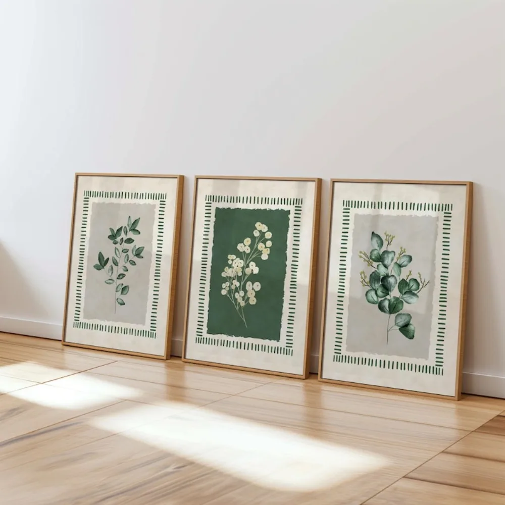 ​Frameless Plant Printing,Sage Green Beige Wall Decor,Watercolor Flower,Neutral Green Leaf Poster,Simple and Natural Printable