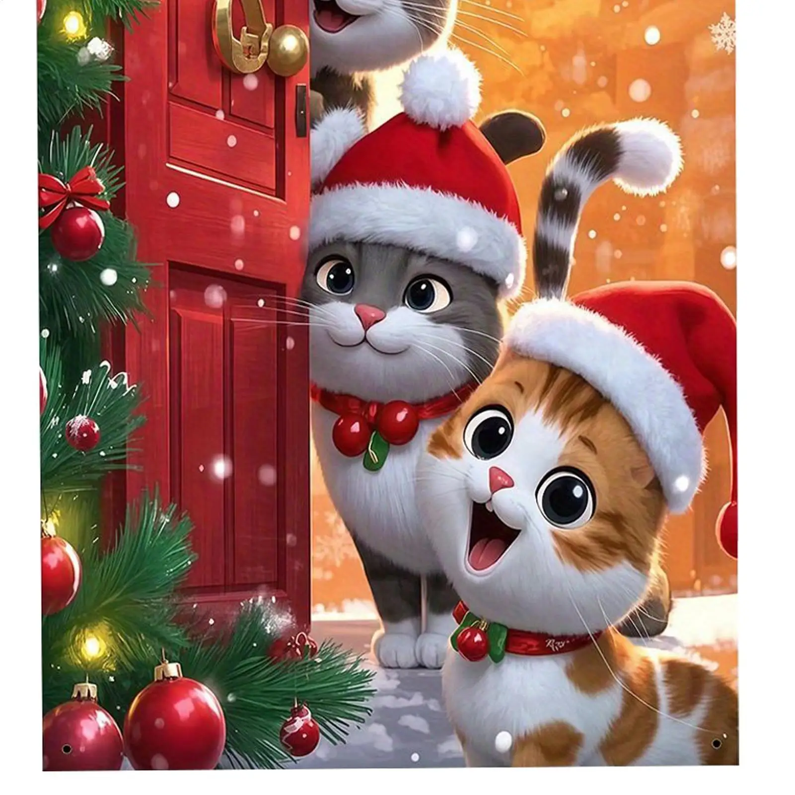 Christmas Door Cover Cute Reusable Waterproof Four Cats Christmas Door Banner Holiday Decor for Indoor Outdoor Office Apartment