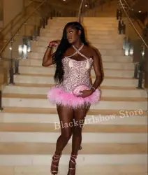 Pink Luxury Diamante Short Cocktail Dress Cross Strap Crystal Beaded Feather Black Girl Birthday Party Queen Dress فستان