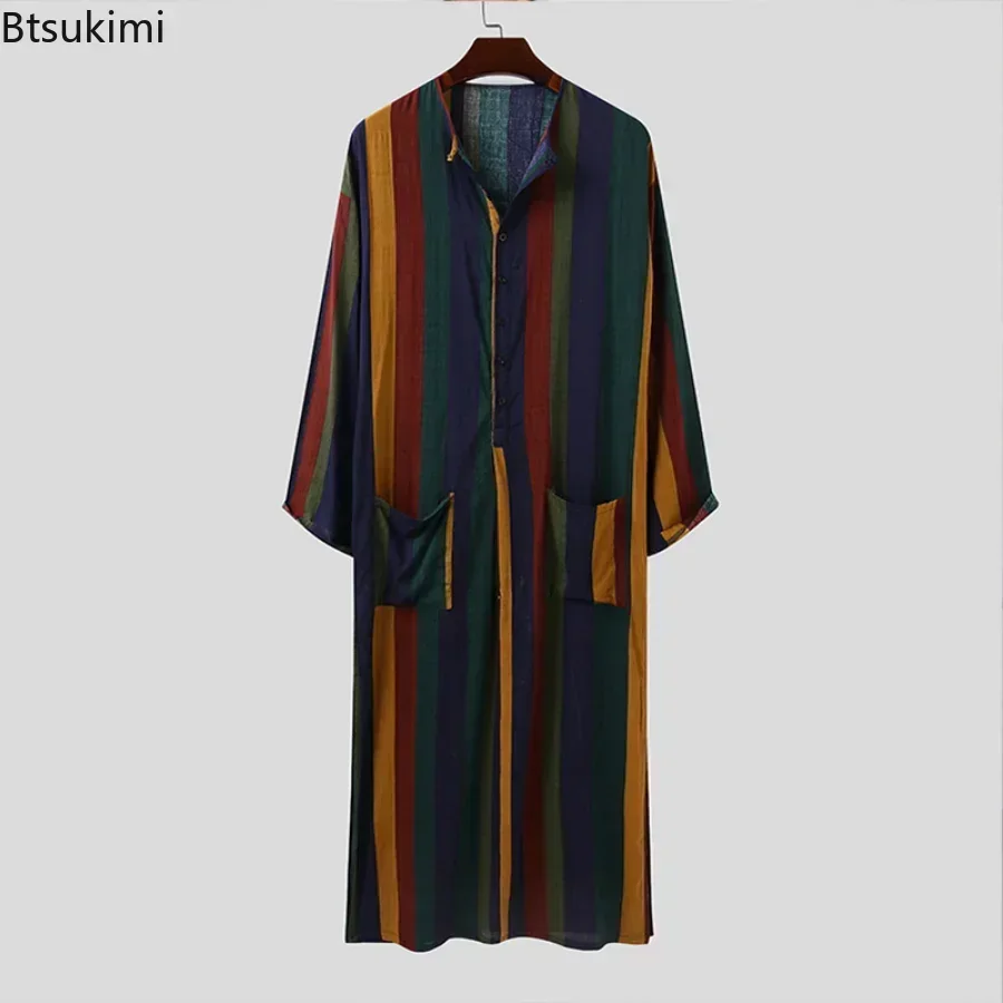 Men\'s Nightgown Robes Arabian Striped Shirt Ethnic Clothing Long Sleeves Retro Kimono House Skirt Cotton Bathrobe Lingerie S-5XL