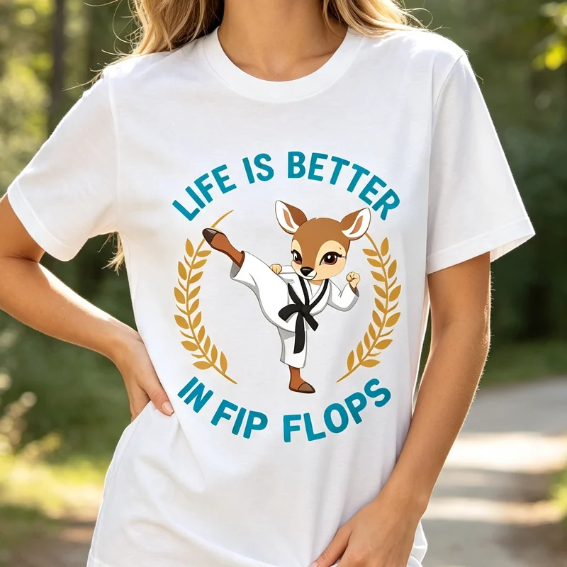 Cute Deer Taekwondo Flip Flops Life Is Better Martial Arts Funny T Shirt Graphic Tee Casual Streetwear for Men Women Fashion