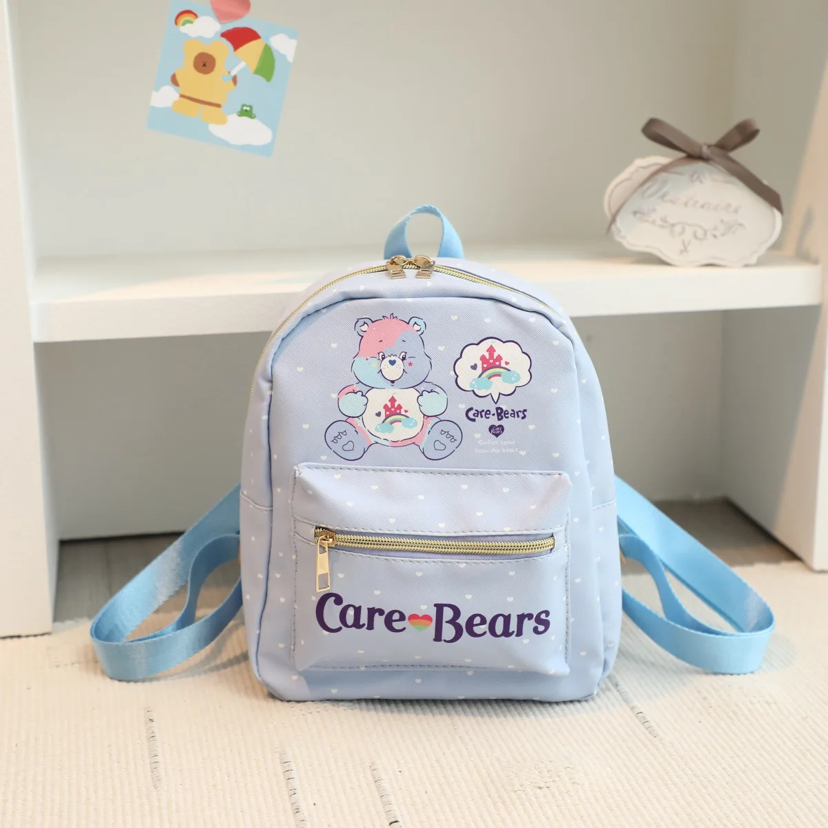 CareBear-Sac à dos en cuir imprimé ours arc-en-ciel pour enfants, dessin animé mignon, étanche, grande capacité, soins décontractés, filles