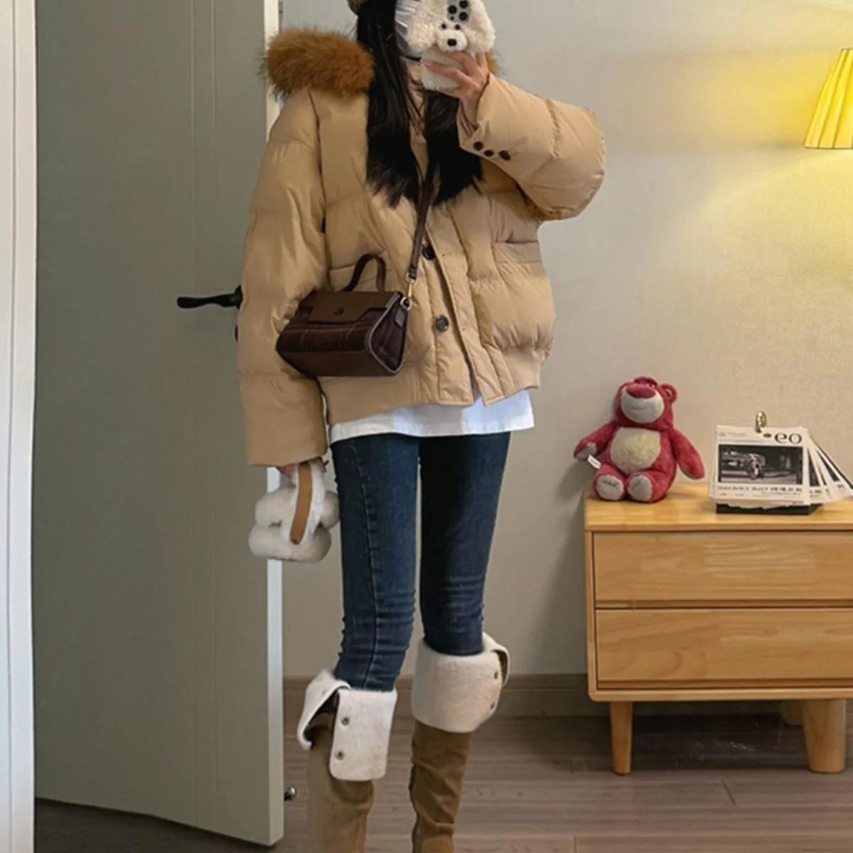 الشتاء النساء قصيرة باركر أسفل سترة كبيرة الفراء مقنعين فضفاض البخاخ معطف سميكة الدافئة يندبروف أبلى