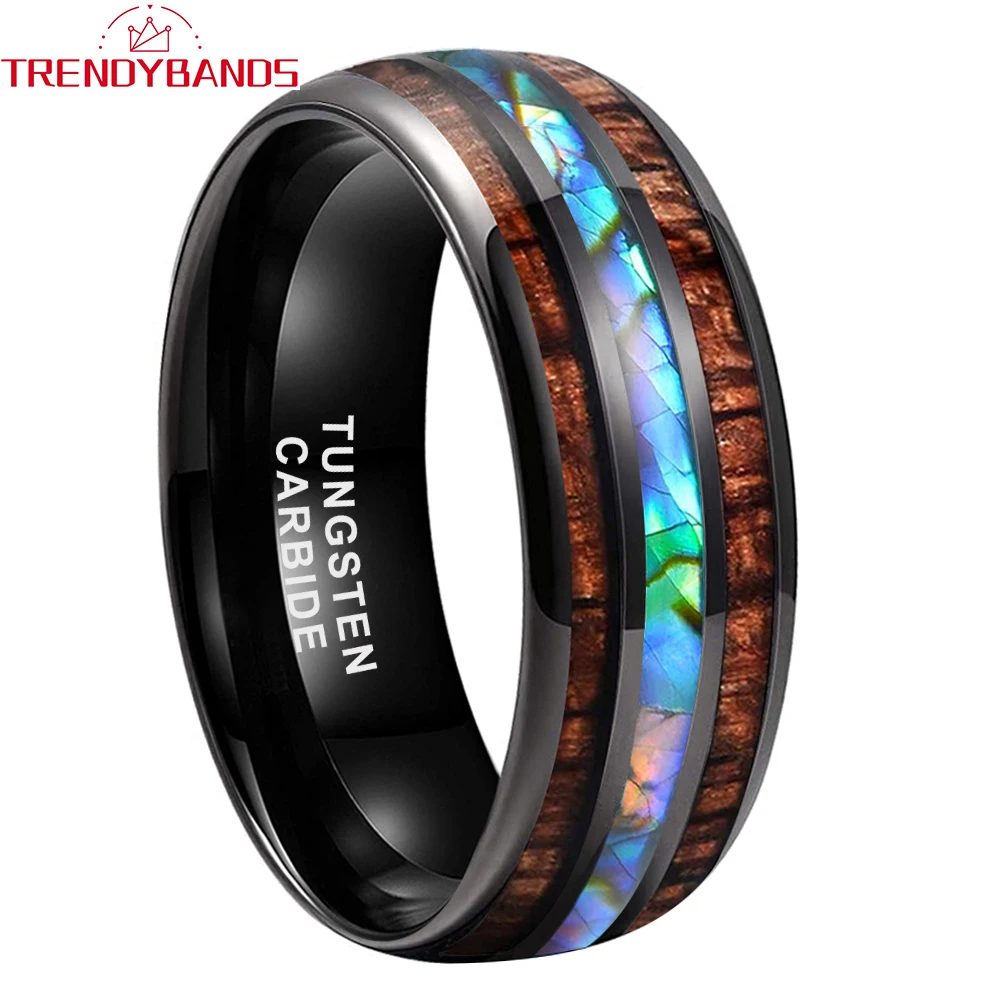 

8mm Wedding Bands for Men Women Tungsten Carbide Rings Abalone Shell And Koa Wood Inlay Domed Polished Shiny Comfort Fit