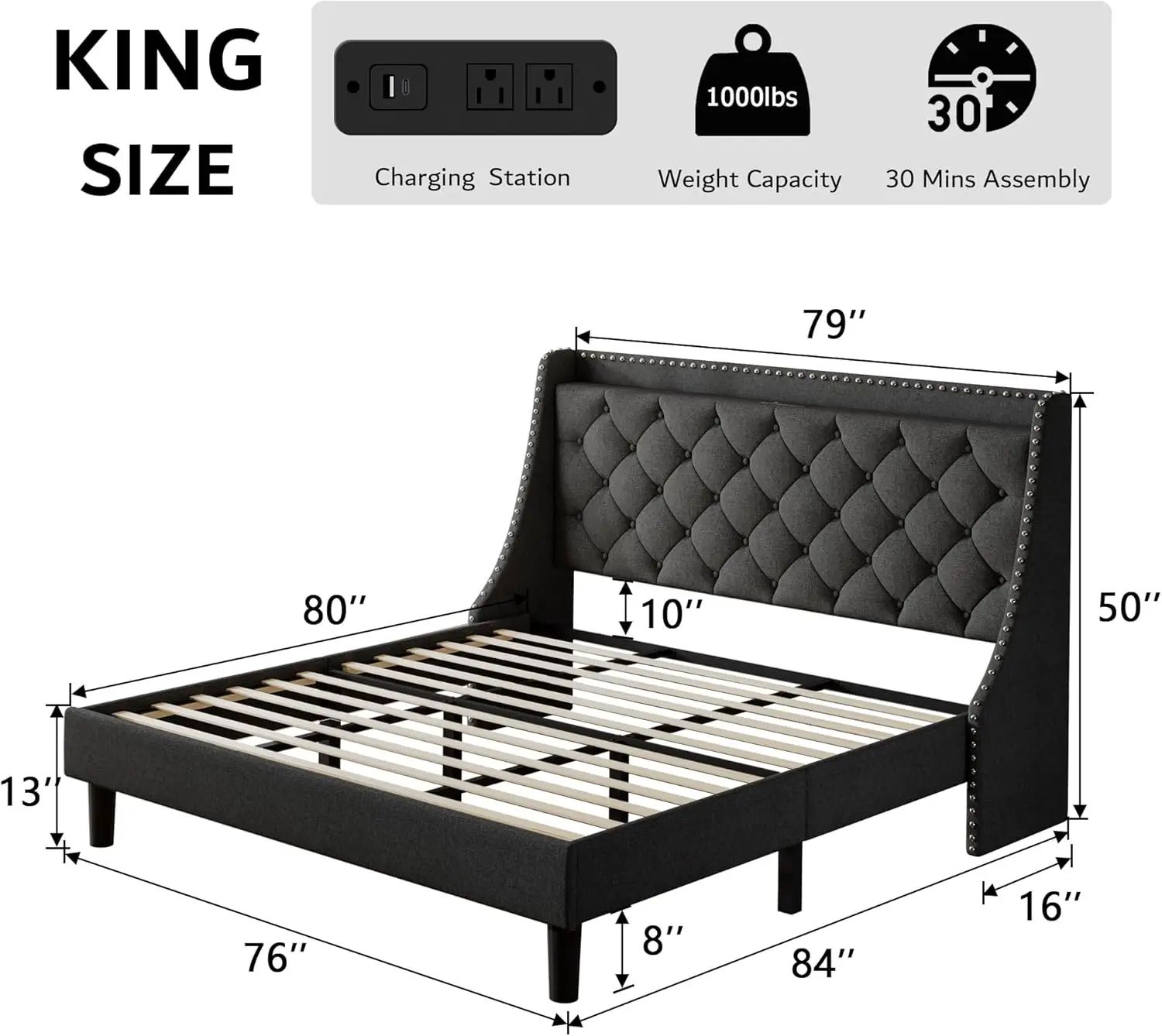 USB & Type-C Ports, Upholstered Platform Beds with Button Tufted Storage Headboard, Solid Wood Slats Support