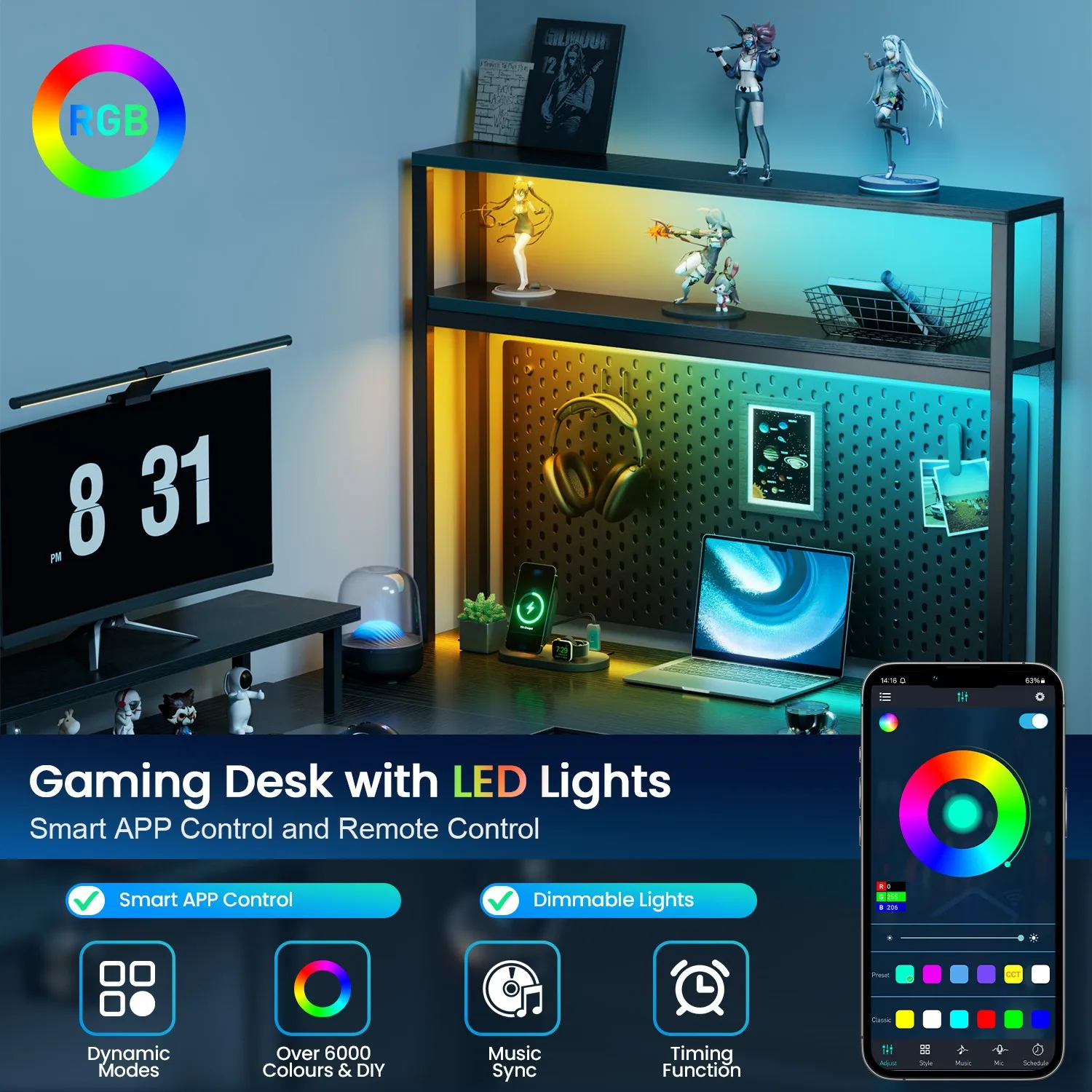 Computer desksL Shaped Gaming Desk with LED Lighting and Power Outlets PC Computer Desk with Monitor Stand for Home Office Setup