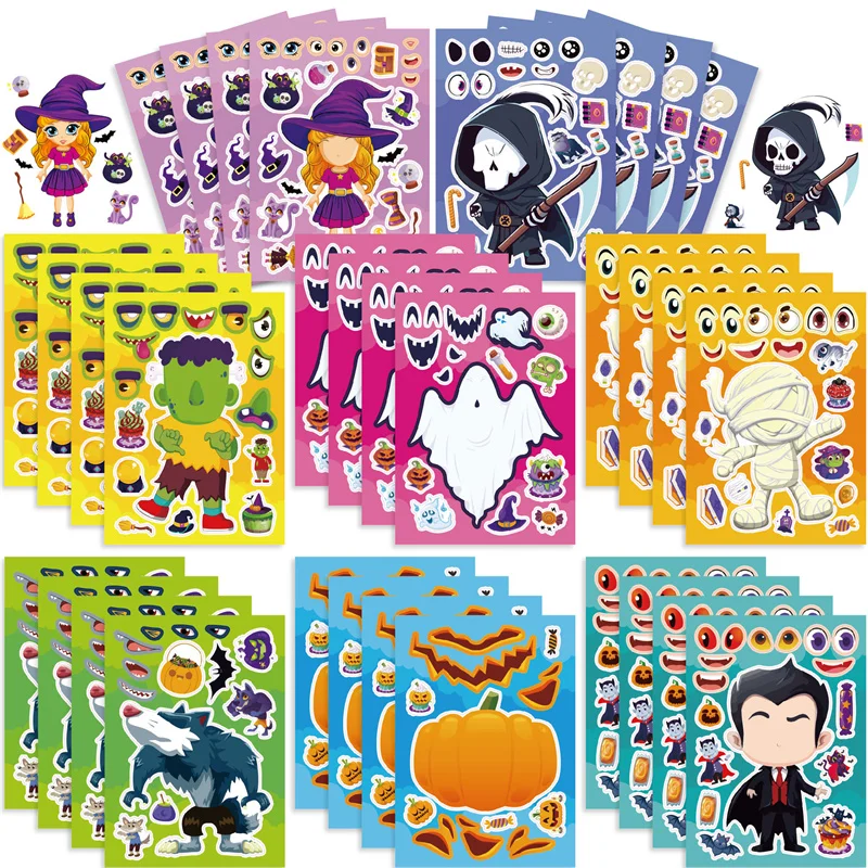 Crie seu próprio fantasma Abóbora Bruxa Adesivos, Faça um rosto adesivos, Presentes de Halloween para crianças, Diversão Mixed and Matched Puzzle, Brinquedo