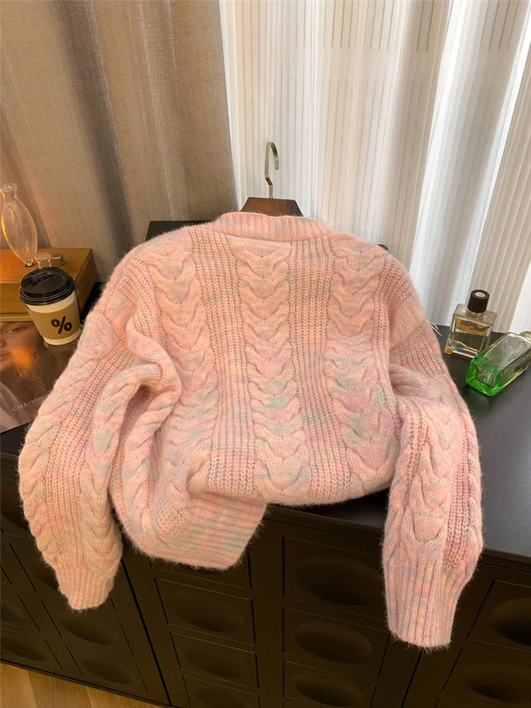 2023 Autumn Winter Pink Knitted Cardigans Sweet Sweater Japanese Preppy Style Luxury Single Breasted Harajuku Jumper Oversize