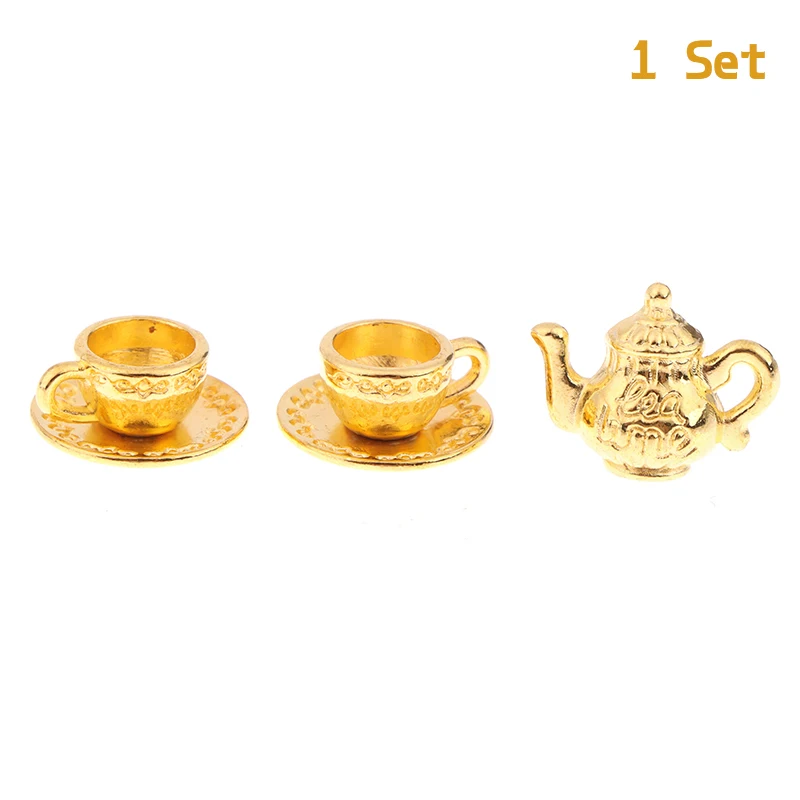 1Set 1:12 Dollhouse Miniature Teapot Cup Saucer Metal Tea Set Dining Table Model Decor Toy Doll House Accessories