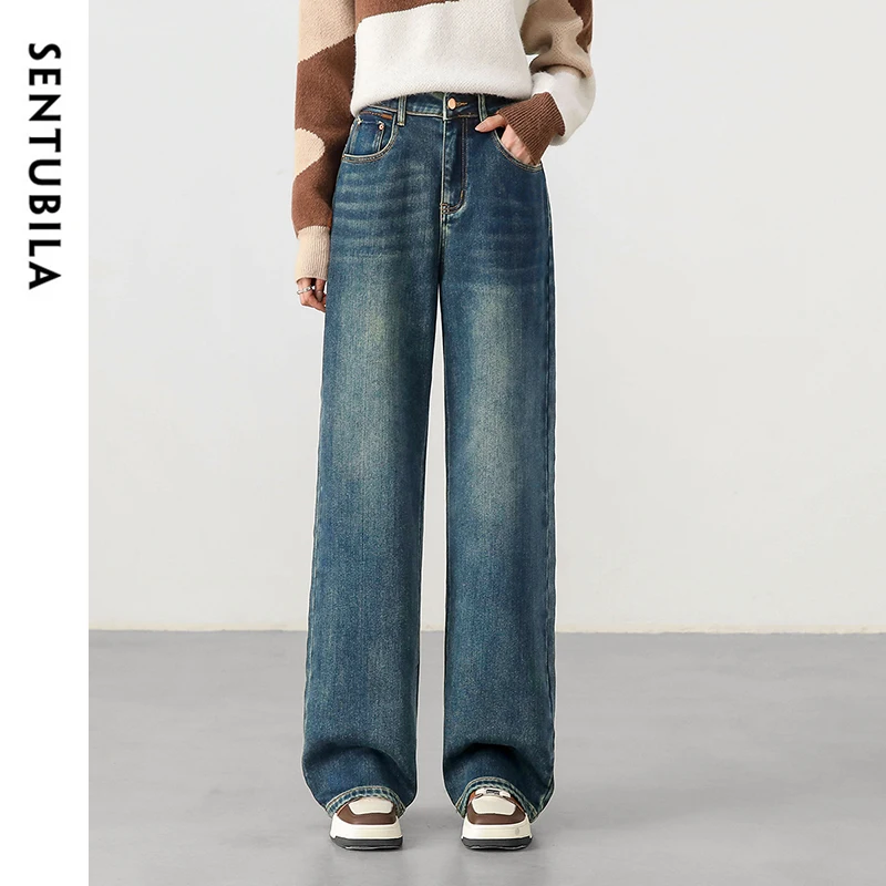 SENTUBILA Retro Cotton Washed Jeans Women Winter 2024 Fashion Fashion Thick Warm Straight Denim Pants Wide-leg Pants W44N58212