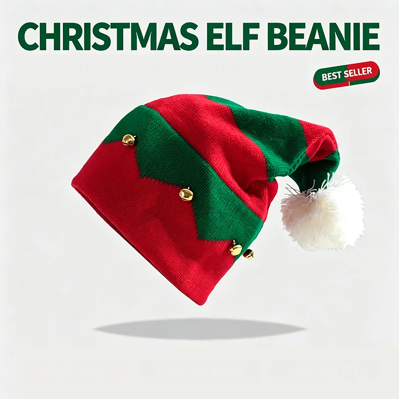 Unisex Christmas Elf Knitted Hat Red‑Green Stripe Beanie with Bells & White Pom Pom Winter Warm Xmas Holiday Party Cosplay