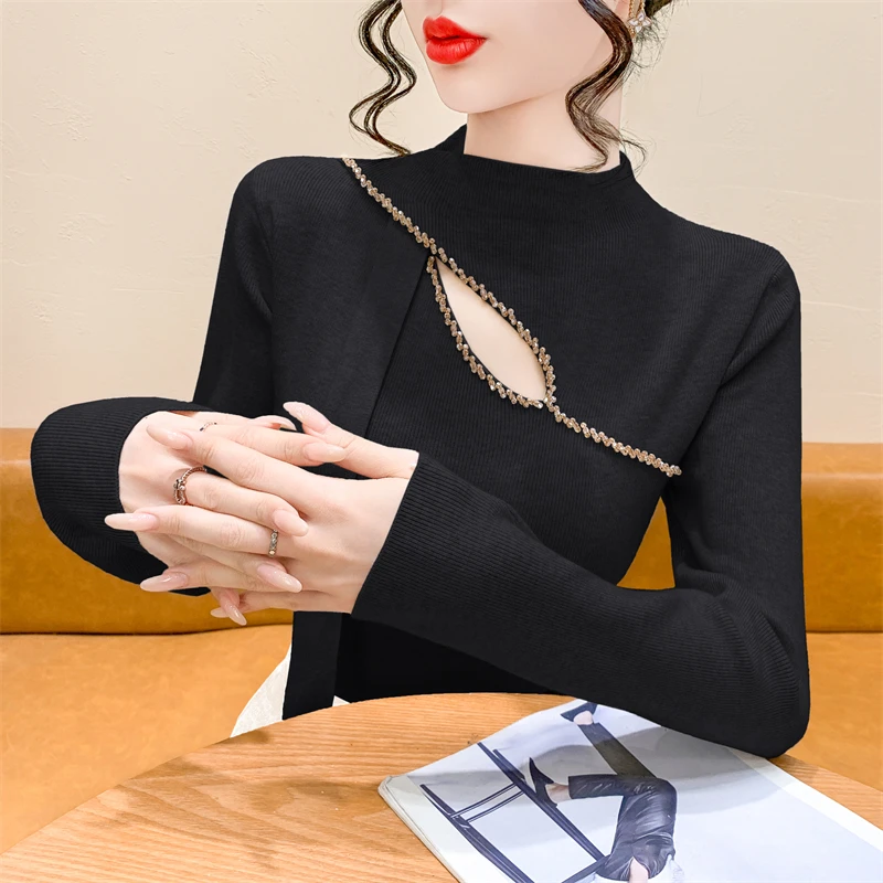 Ele oco para fora malhas feminino f gola alta sa camisola emagrecimento camada base outono inverno topo faion design