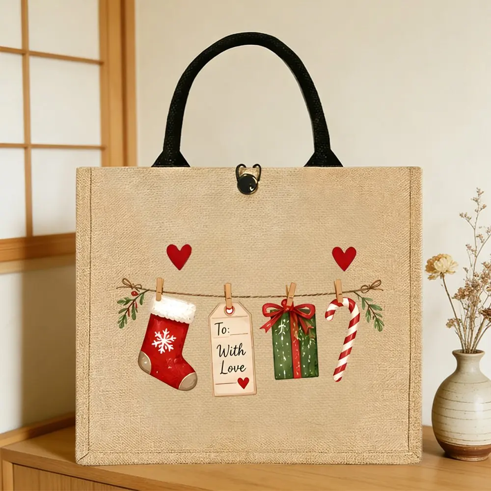 Cute Christmas Hanging Stocking & Candy Cane Jute Tote Bag, Xmas Holly Heart Pattern Shoulder Bag, Casual Daily Shopping Handbag 2