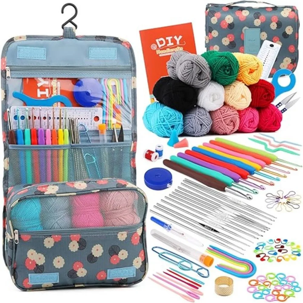 

130pcs/set Weaving Accessories Complete Set Crochet Kit DIY 12 Rolls Yarn Knitting Crochet Hook Set with Storage Bag Multi-size