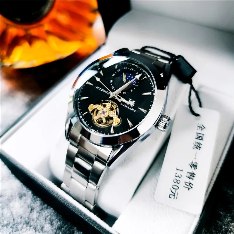 

AOKULASIC новые автоматические механические мужские часы с ремешком из нержавеющей стали, двухдиапазонные наручные часы со скелетом, модные роскошные мужские часы