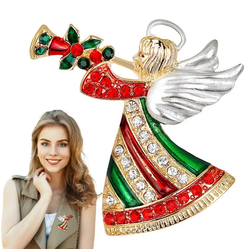 Broches de Navidad de trompeta de Ángel, broche de cuerno de soplado, broches de Ángel, diamantes de imitación brillantes, pines de solapa de Navidad, moda
