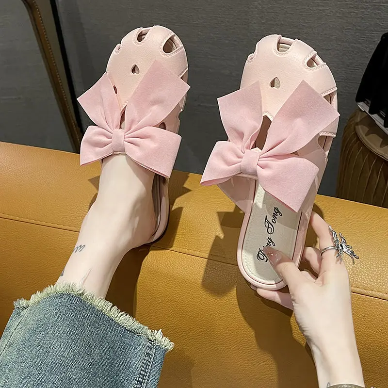 Summer Cute Woman Slippers Mules Slides Kawaii Sandals With Bow Shoes For Women 2024 Round Toe Pink Flat H Sandal Chic Point Hot