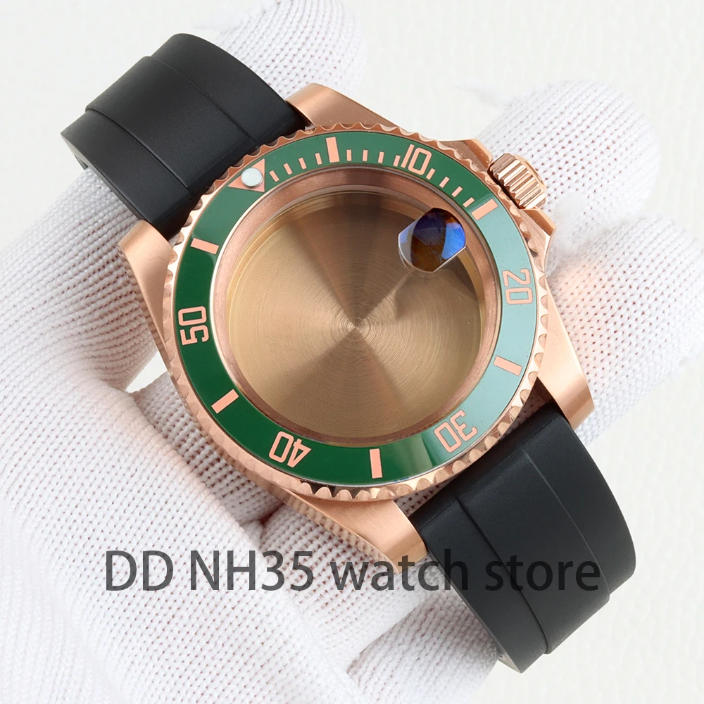 Rose Gold 40mm NH35 Watch Case Sapphire Glass Rubber Bracelet for Yacht-Master SUB GMT NH34 NH35 NH36 NH38 Automatic Movement
