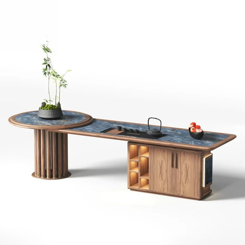 

Solid wood tea table chairs hotel clubhouse villa tea room marble tea table long table work display stand