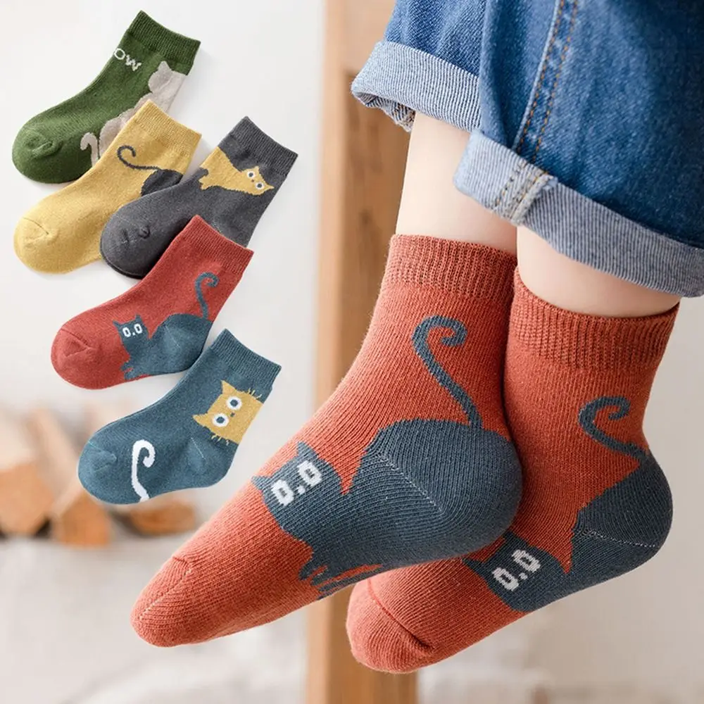 

5 Pairs Cotton Kids Crew Socks Cat Design Comfortable Toddler Baby Mid-Calf Socks Breathable Spring Autumn Children's Socks