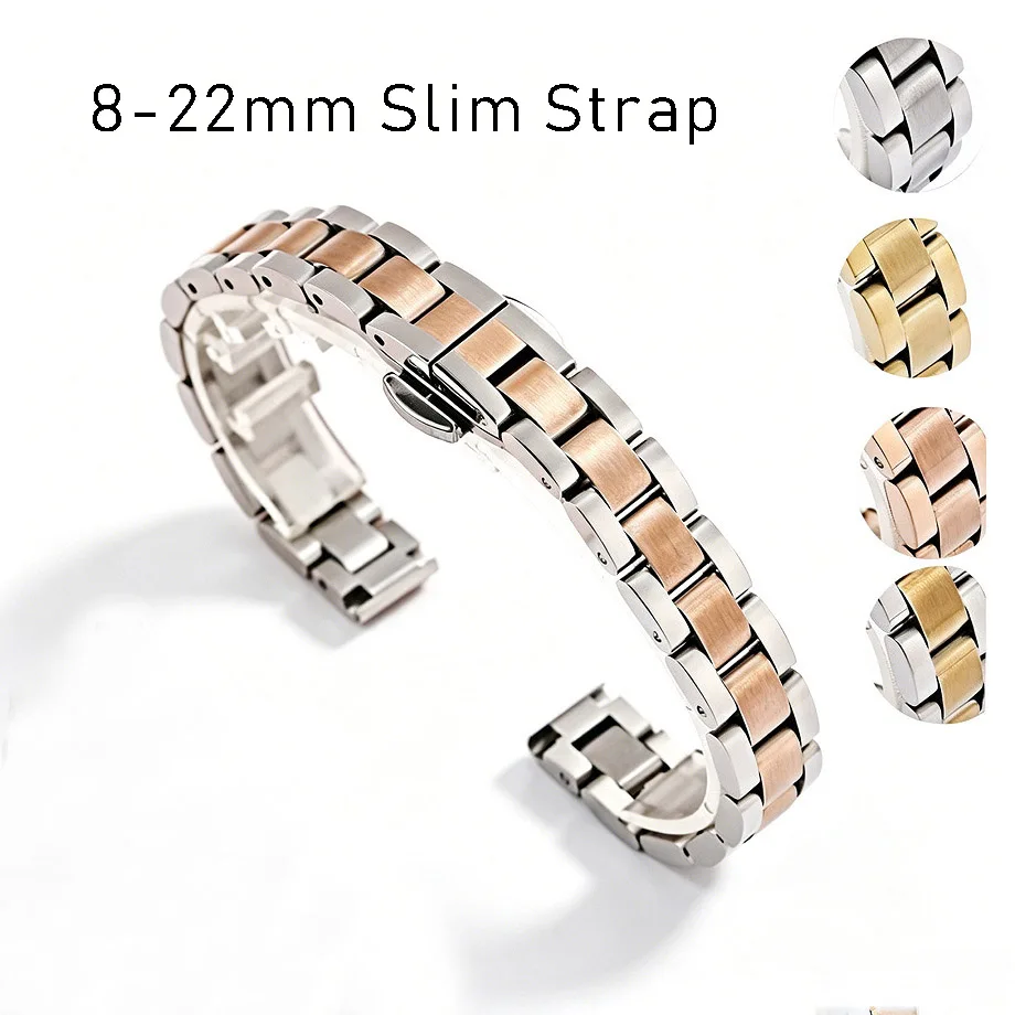 Schlankes Edelstahl-Uhrenarmband 8mm 10 12 14 16mm 18mm 20mm 22mm Universelles Massives Metall-Uhrenarmband für Damen