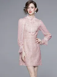 Luxury Celebrity Temperament Tweed Dresses Women Stand Collar Flare Long Sleeve High Waist Patchwork Mesh Sequin Woolen Dress