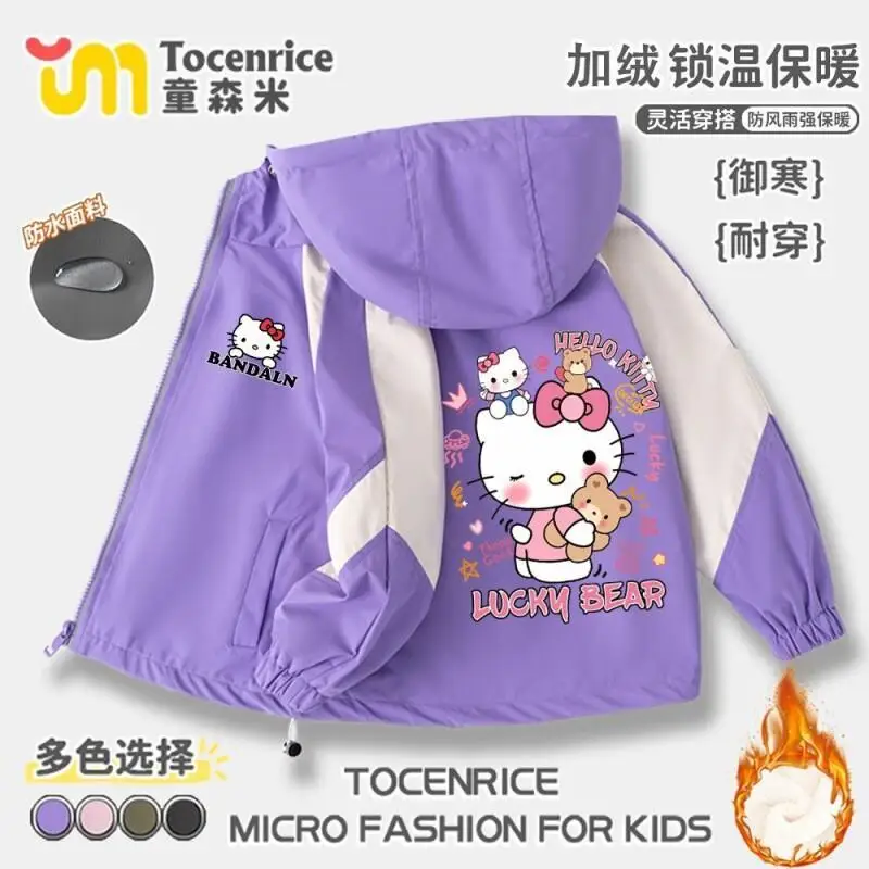 

Куртка-ветровка Sanrio Hello Kitty на флисовой подкладке для девочек среднего и большого размера, осенне-зимнее новое модное теплое пальто с капюшоном