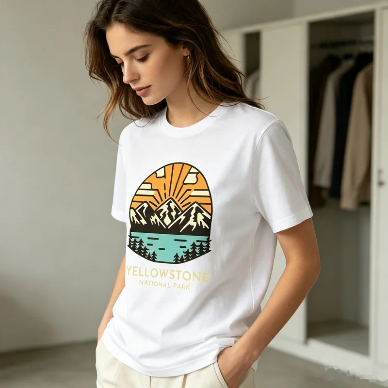 Retro Mountain Sunset Landscape T Shirt Yellowstone National Park Badge Tee Cotton Short Sleeve Casual Top Camping Streetwear