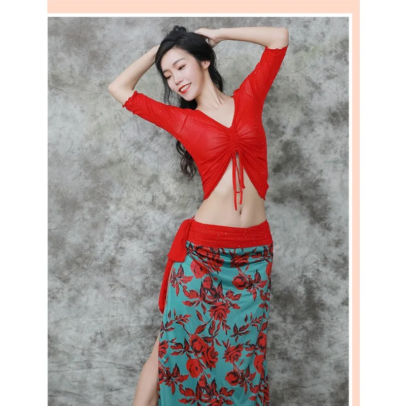 Costumi di danza del ventre personalizzati, outfit da pratica, top sexy, vestibilità slim, versatile, completo da ballo, top a maniche lunghe in rete, può essere tirato