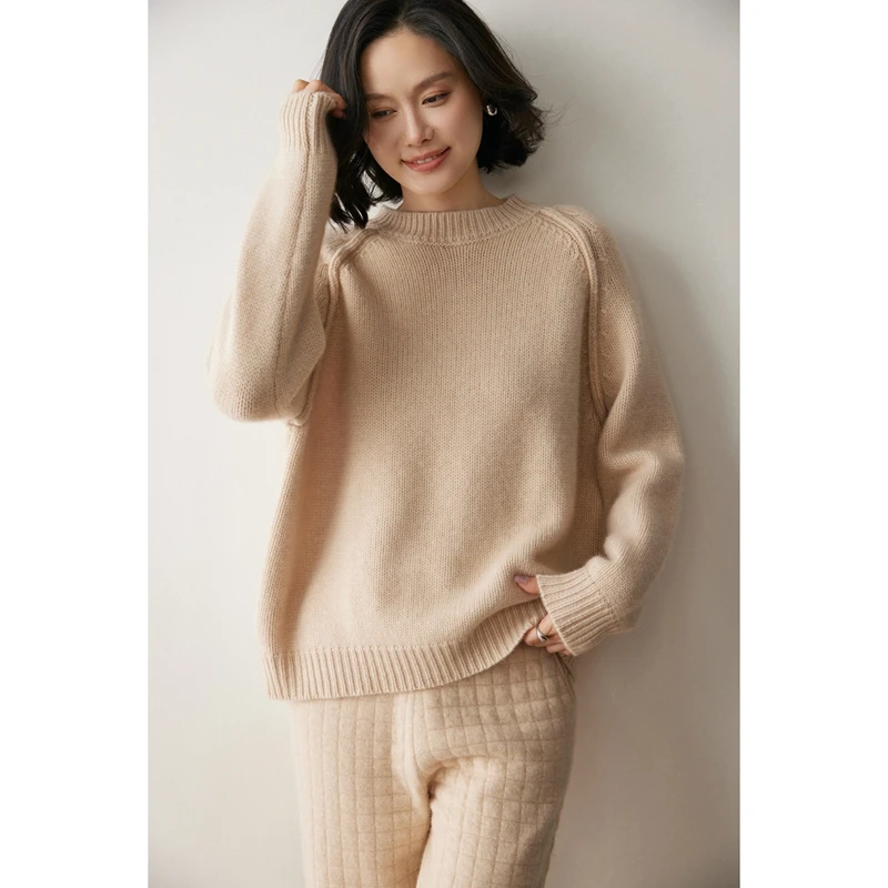 

Autumn Winter 100% Cashmere Sweater Women's O-neck Pullovers Thick Loose Knitwear Lazy Style Long Sleeve Casual Popular Clothes