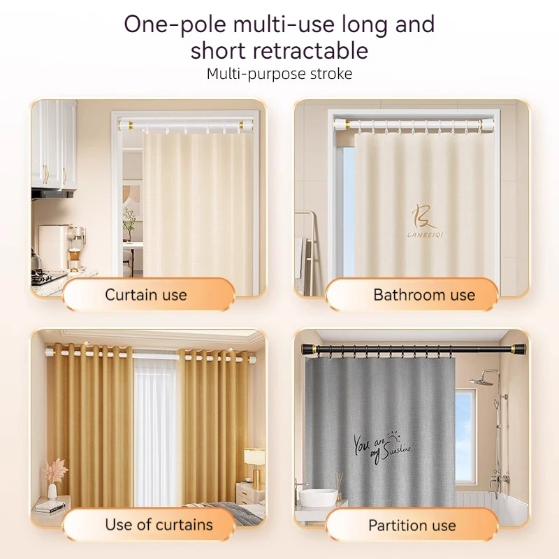 Adjustable Long Curtain Rod Metal Shower Rod No Punching Balcony Suspension Long Stand Clothes Support Stretching Rod