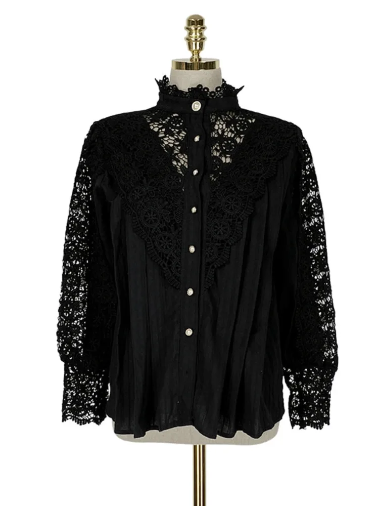 

Korean Chic Spring Temperament Versatile Lace Hollow Flower Pure Cotton Long Sleeve Sleeved Button Up Shirt Women Women's Tops