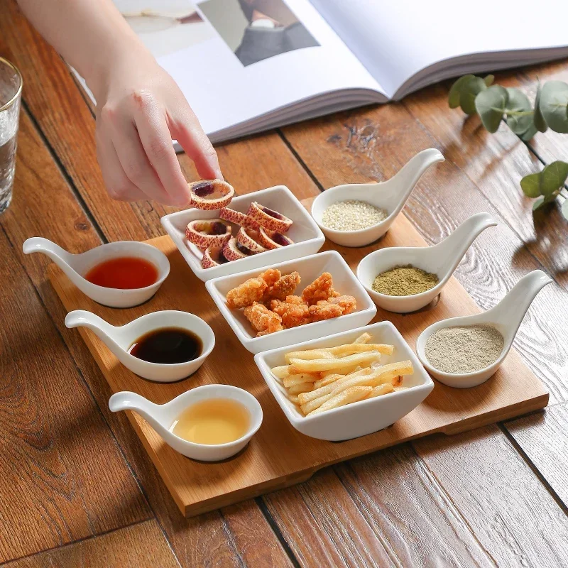 Creative Snack Dish Special Restaurant Divided Grid Ceramic Dish Japanese Cuisine Sauce Dipping Plate Bamboo Wooden Tray