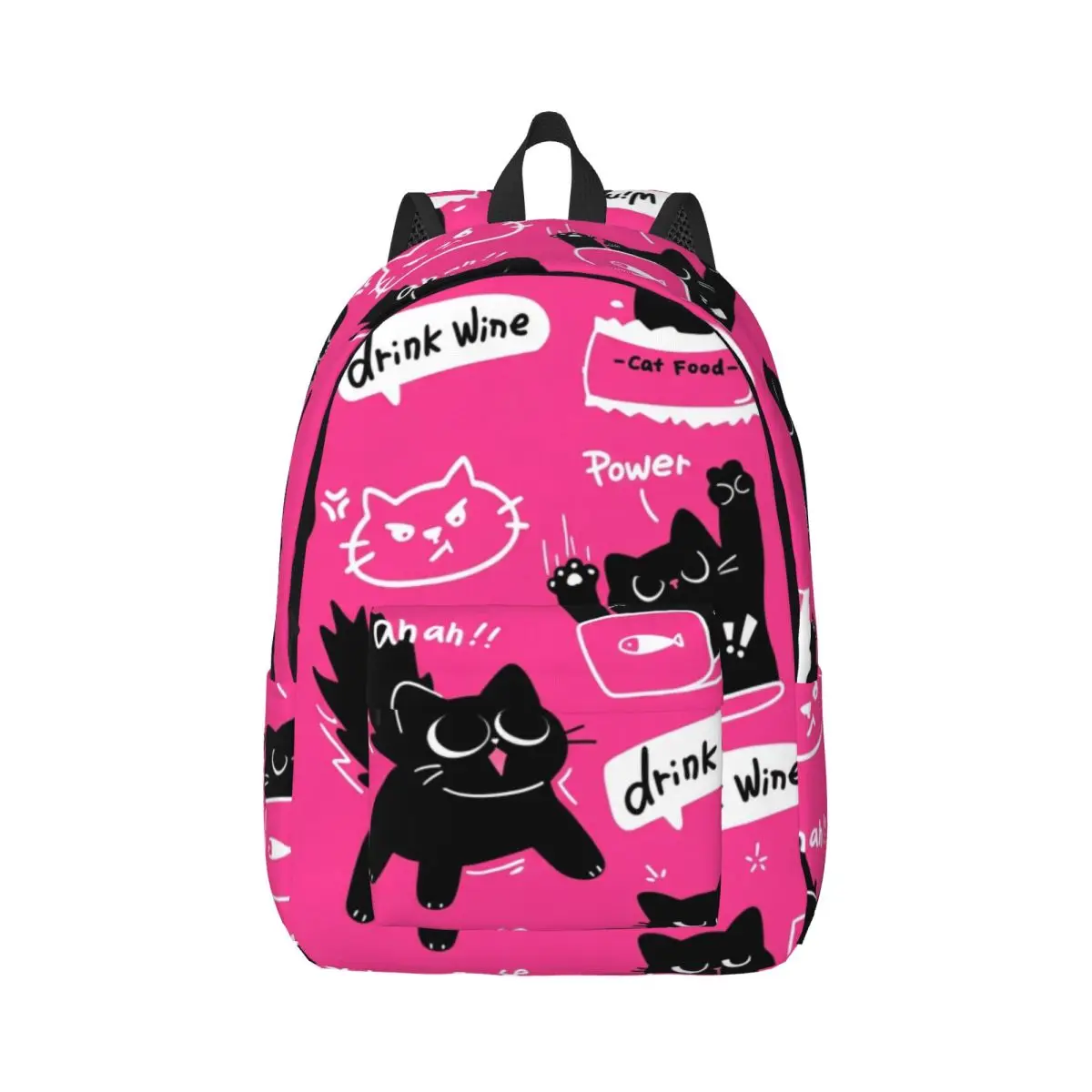 Lovely Casual Backpack Tossed Black Cats Whimsical Cute Hot Pink Black White Daypack for College Class Weekend Gift Streetwear