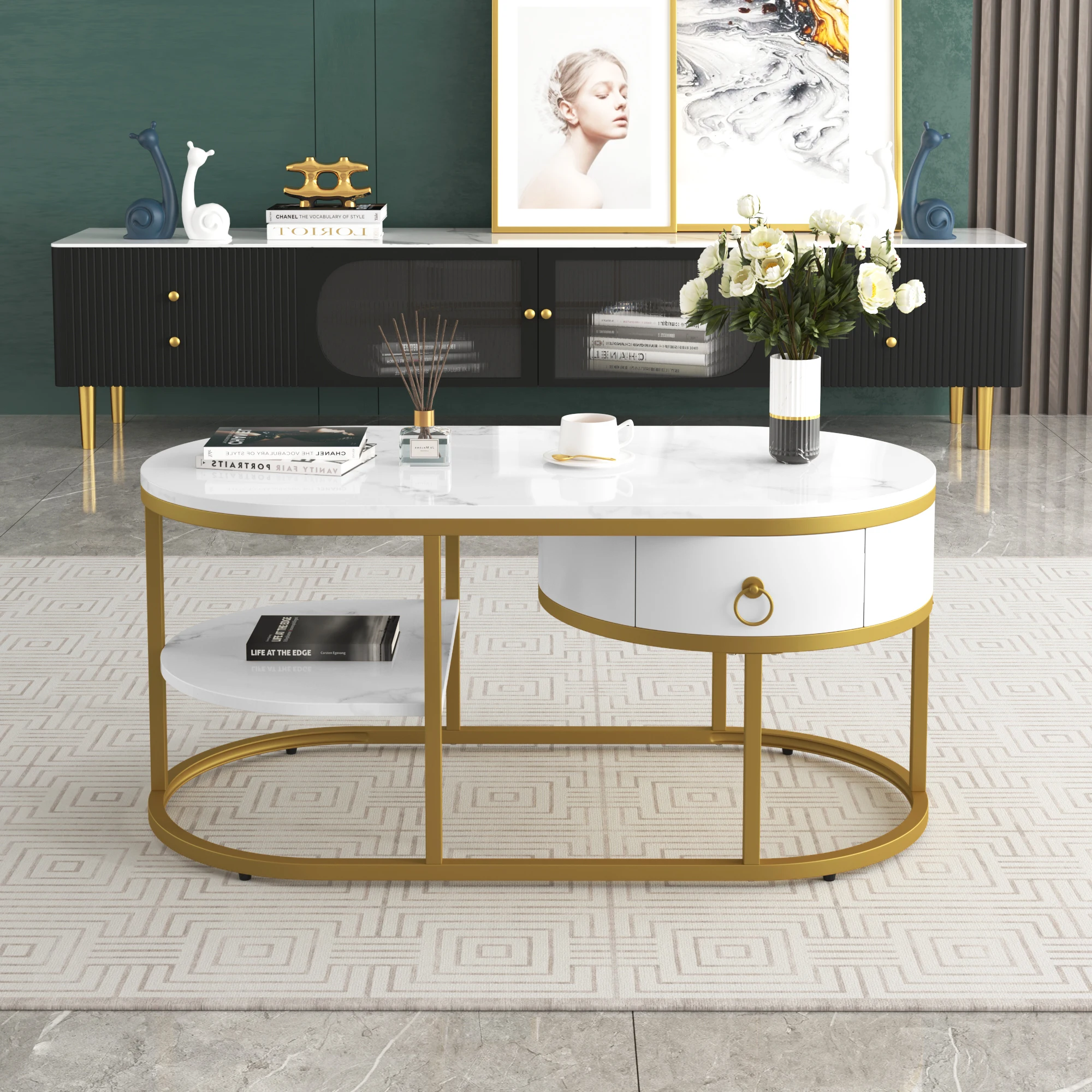 Coffee Table, living room table, coffee table with marble look and gold iron frame, with drawers and storage surfaces. Side table with golden handles