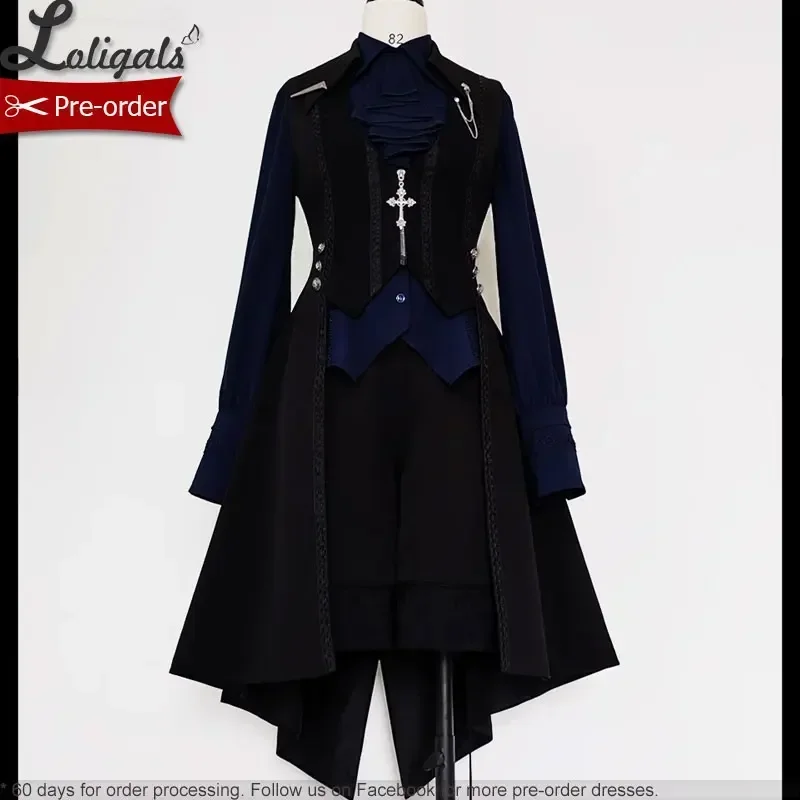 Retro Lolita Waistcoat Medieval Little Prince Swallowtail Long Vest / Shorts by Princess Chronicles ~ Black & Blue