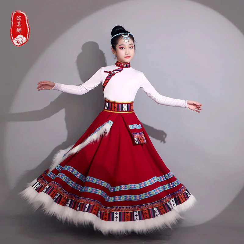 

Tibetan Dance Costume Children's Spring Trip Shoot Ethnic Long White Silk Sleeves Girl Dress Robe