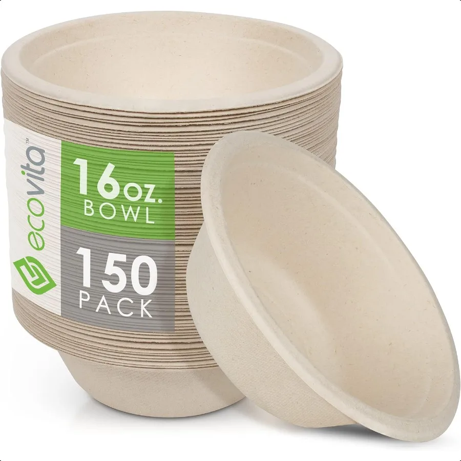 

100 Compostable Paper Bowls [16 oz.] 150 Bowls Eco Friendly Sturdy Tree Free Liquid and Heat Resistant Alternative to Plastic
