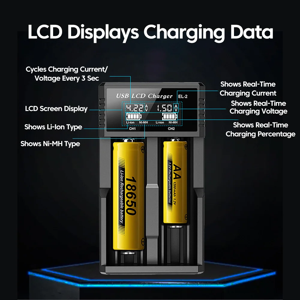 USB ليثيوم أيون ni-mh شاحن بطارية شاشة الكريستال السائل شاحن ذكي اختبار قدرة صغيرة مريحة شاحن بطارية ل 18350 18500 18650