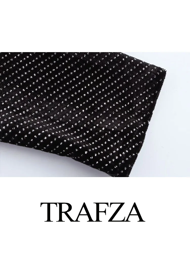 TRAFZA-Top de terciopelo de calle alta para mujer, Top negro de manga larga con agujeros, botones decorativos de diamantes de imitación, monos de moda para mujer