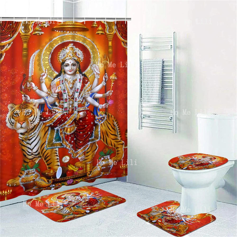 Goddess Durga Poster Of Hindu God Tiger Mount Shower Curtain Sets With Rugs