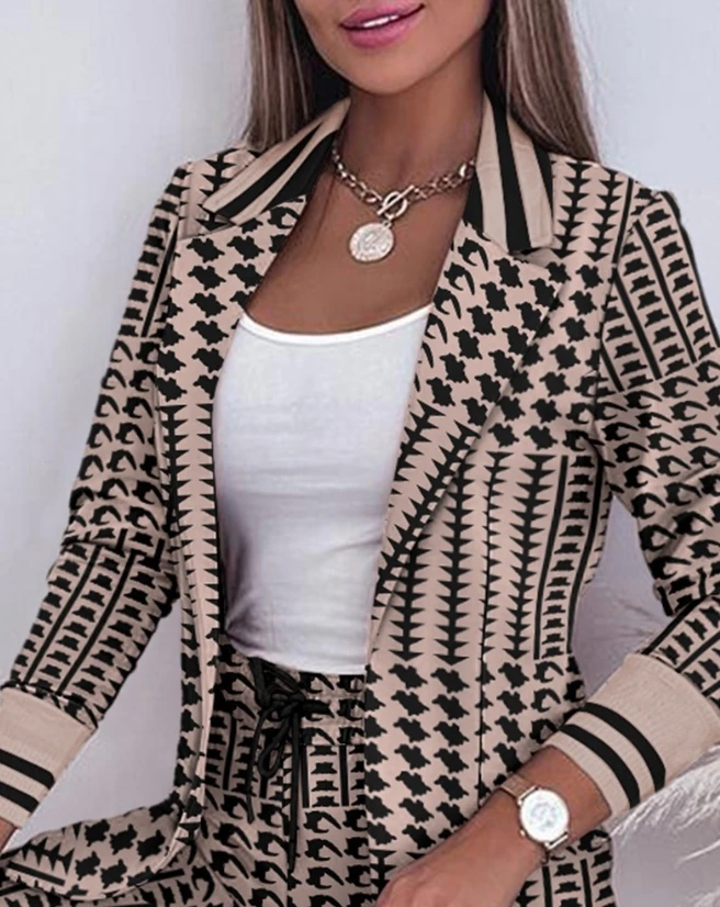 Striped Split Collar Suit Coat and Drawstring Pants Set Latest 2023 Fashion Women\'s Hot Selling Simple, Proud, and Generous