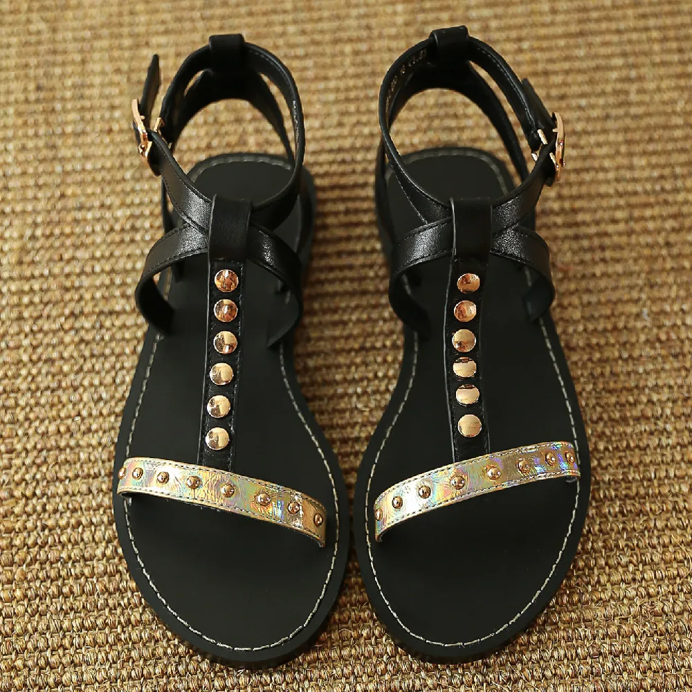 

Women's gneuine leather mix color cross strap t-strap flats sandals open toe summer casual female sandalias shoes for women hot