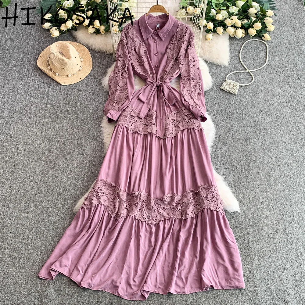 

French Style Elegant Lace Patchwork Shirt Dress Turn-down Collar Long Sleeve Bandage Slim Robe Summer Temperament Vestidos