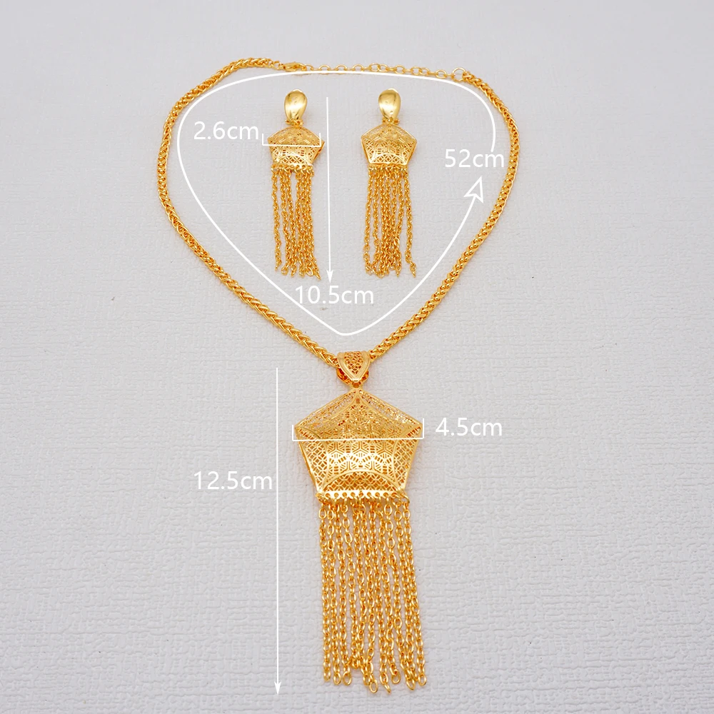 Fashion Charms Dubai Gold Color Tassels Pendant Necklace & Earrings Jewelry Set For Women Long Chain Weddings Accessory Gifts