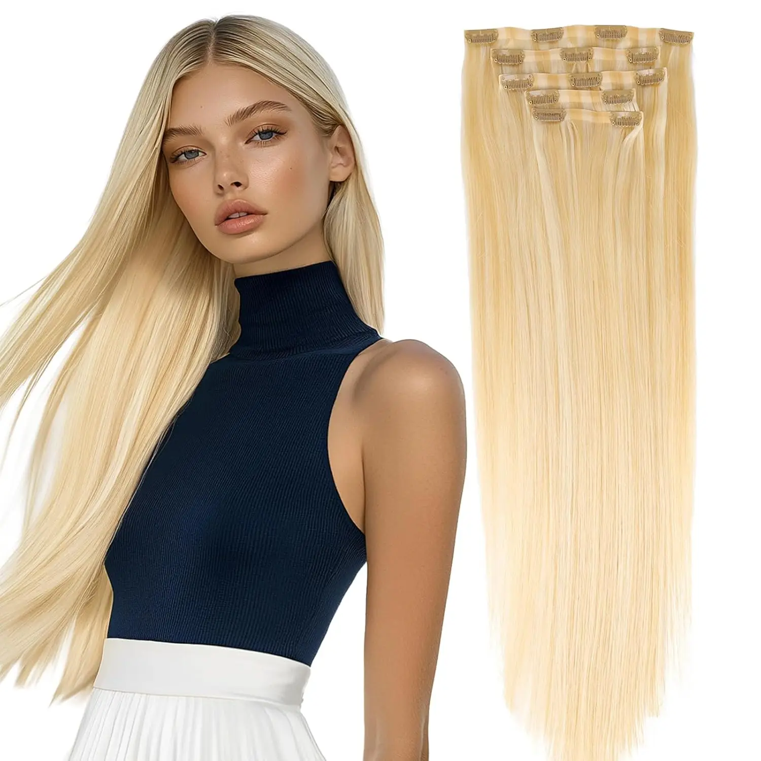 7 قطعة وصلات شعر بمشبك في وصلات الشعر مشبك شعر بشري حقيقي في وصلات شعر بشري مستقيم حافة ناعمة حريرية غير مرئية شعر حقيقي